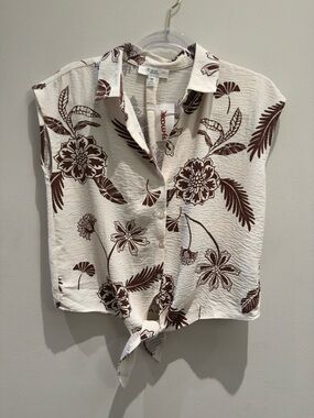C By One- Floral Tie-Front Blouse Cream & Brown Size Small Women’s